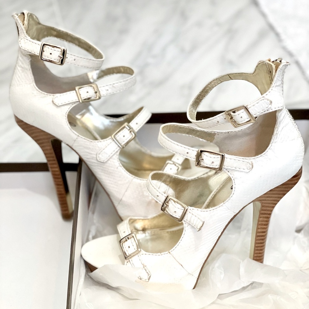 Bebe Delaney white snake skin stiletto